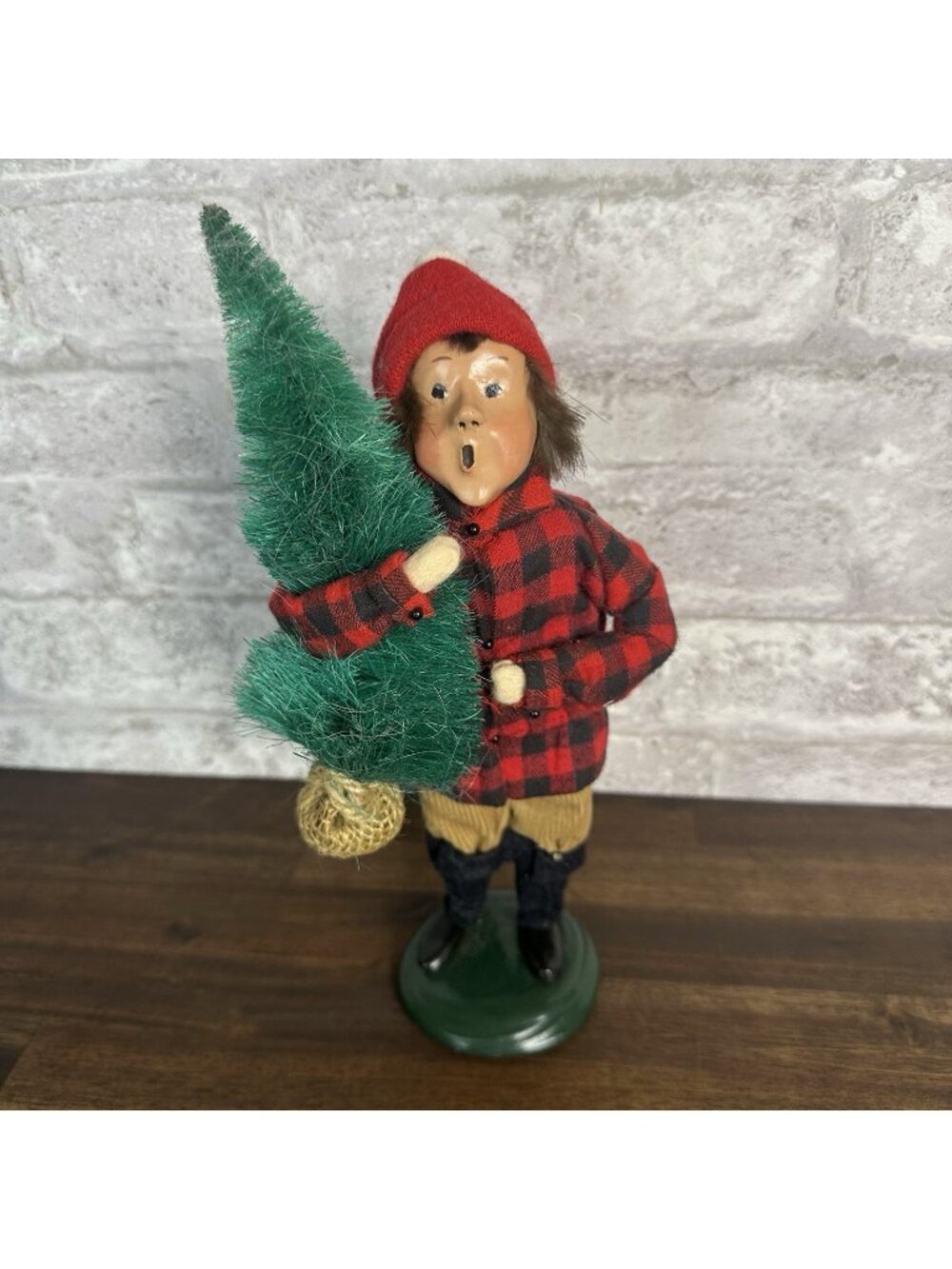 Vtg Byers Choice Carolers Boy Carrying Tree, Red Buffalo Plaid Lumberjack, 1991